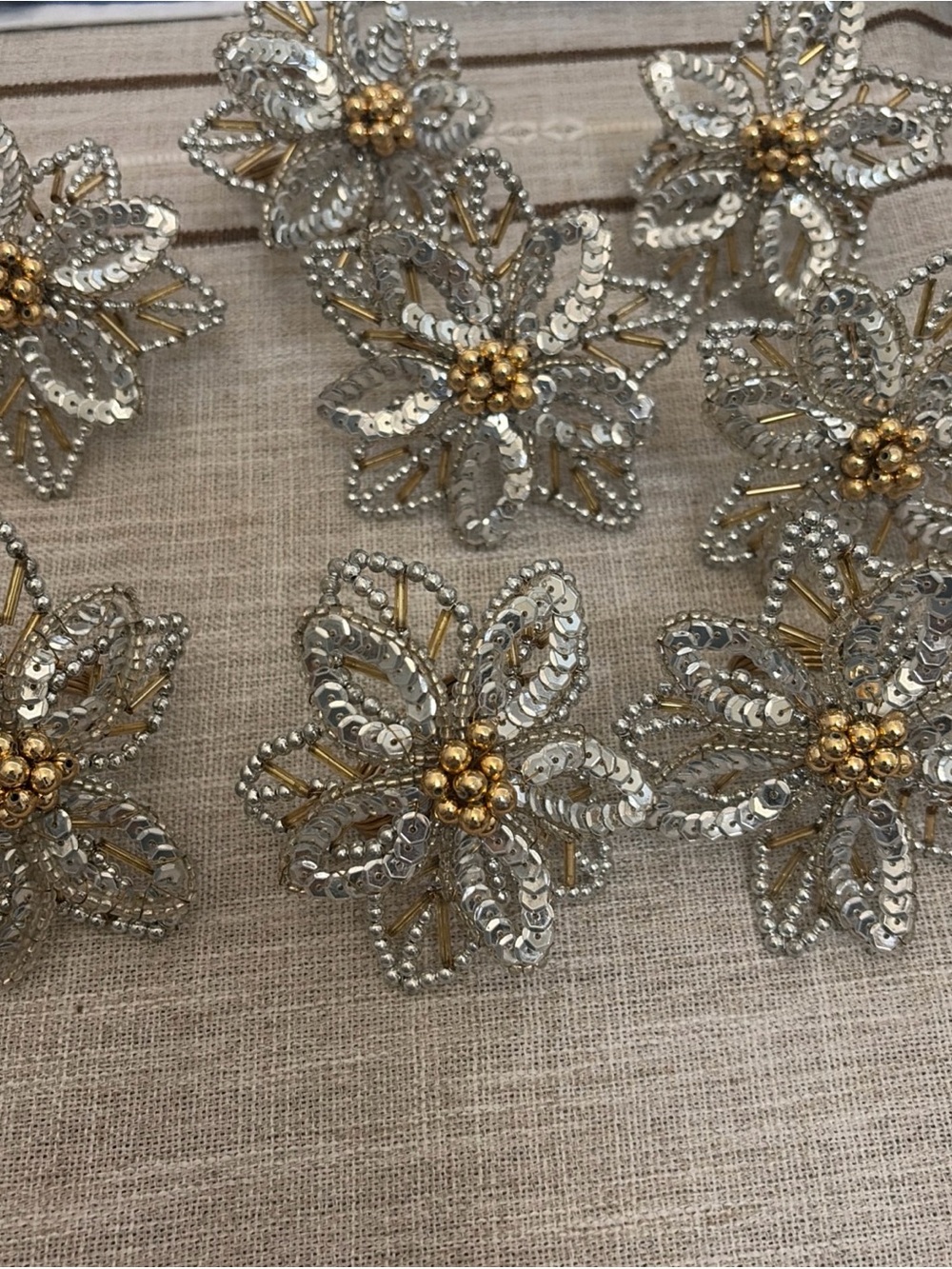 Tahari Poinsettia Flower Napkin Rings Beaded Gold Silver Holiday Set of 8 VTG